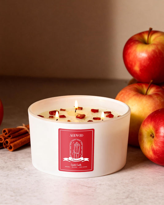 AOOVOO candle top view with Red Jasper crystal and dried botanicals for visual luxury