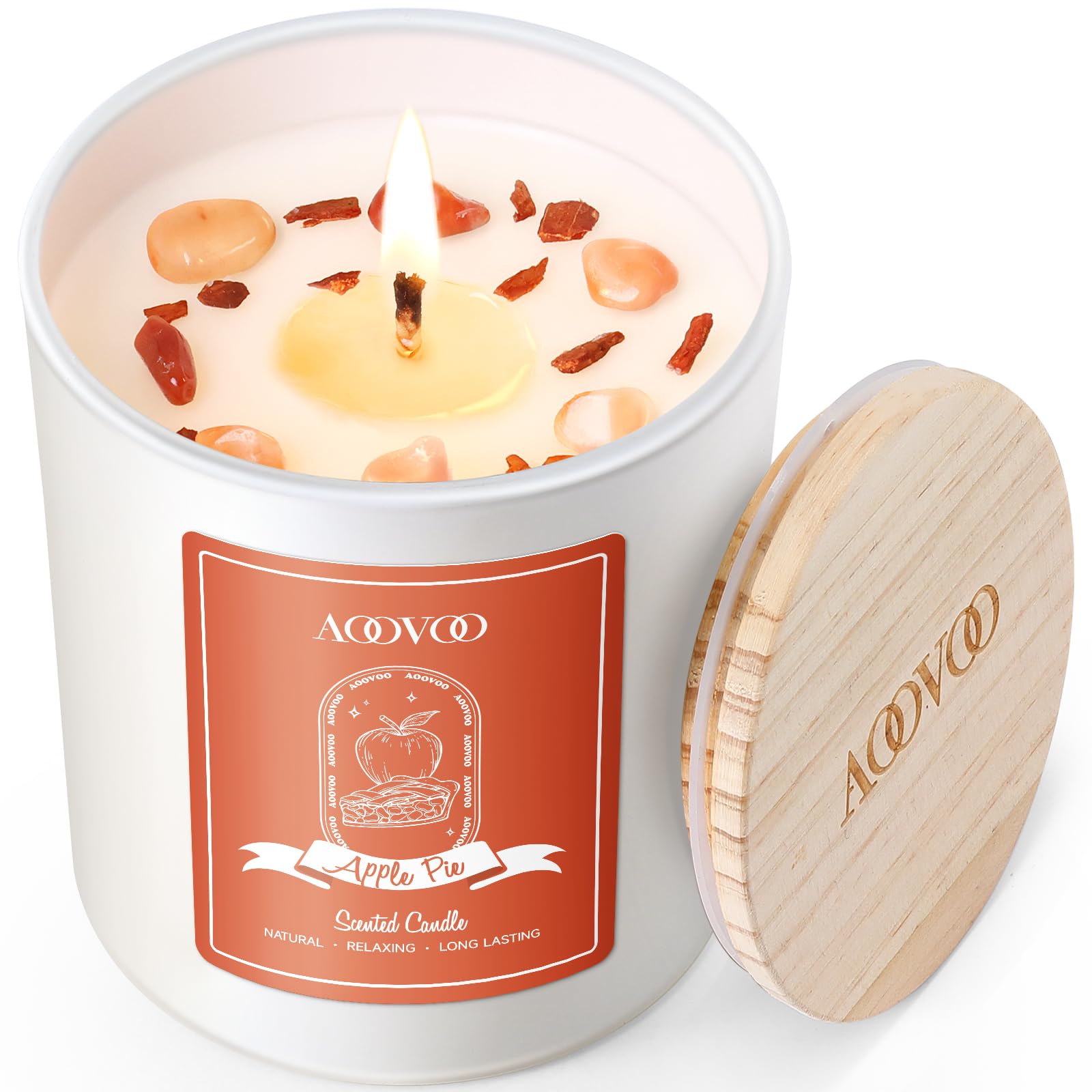 AOOVOO front packaging showing apple pie candle and gift-ready box benefit ambiance