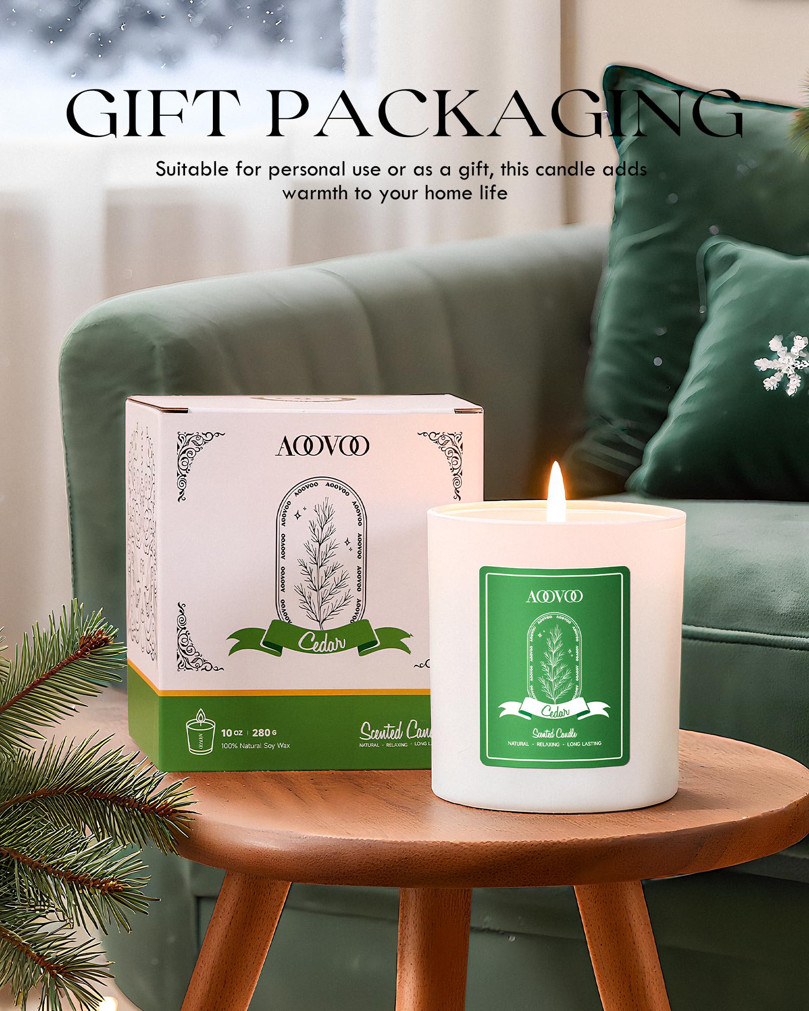 Gift-ready AOOVOO Cedar Scented Candle with brand packaging