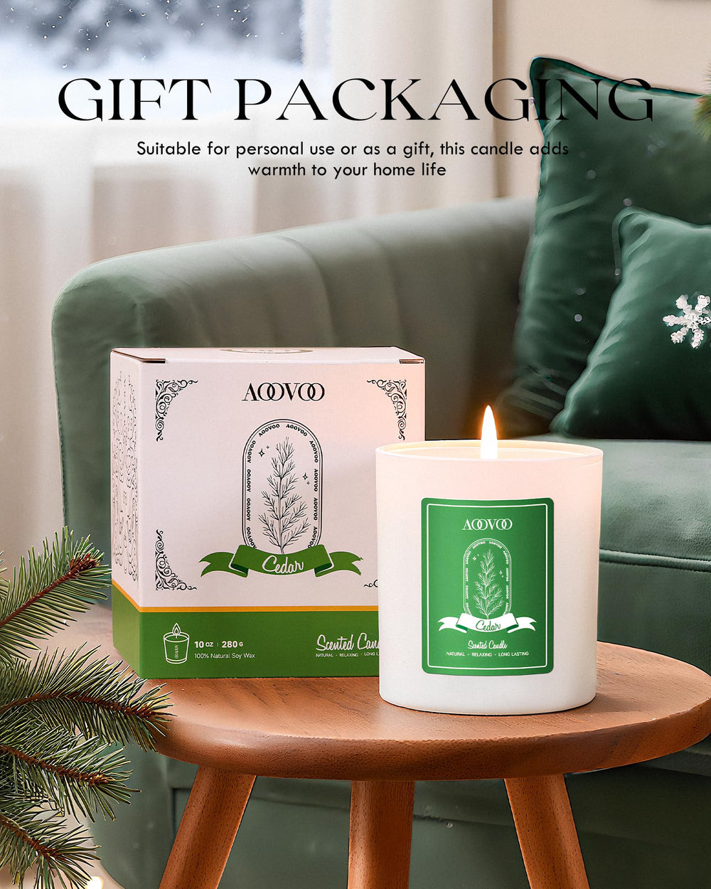 Gift-ready AOOVOO Cedar Scented Candle with brand packaging