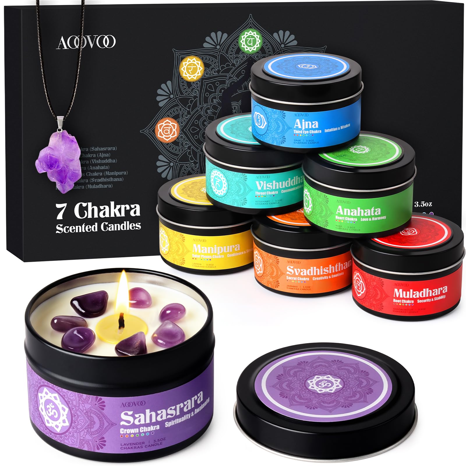 AOOVOO Chakra Candles with Amethyst crystal for spiritual healing
