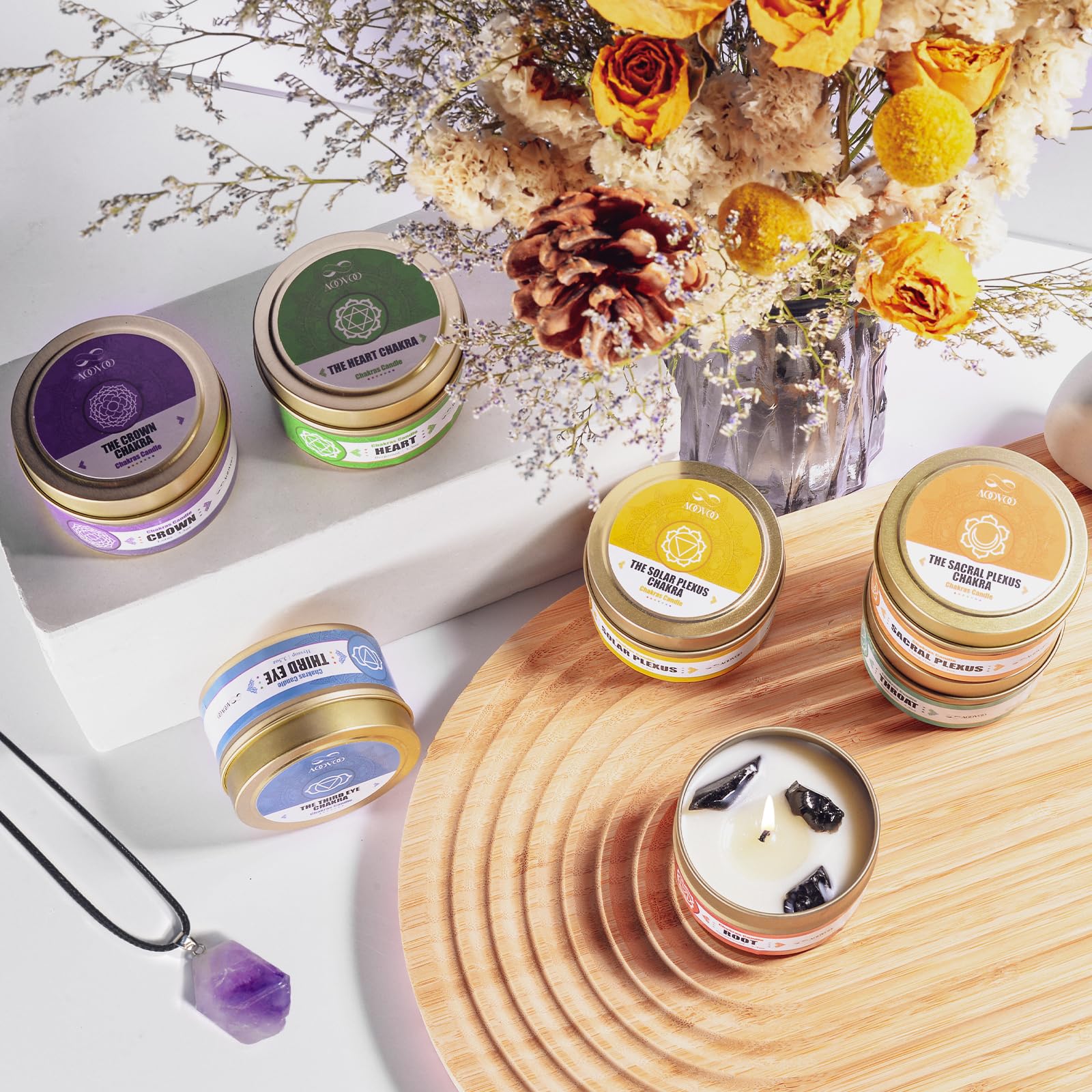 Top view of all seven candles in the set