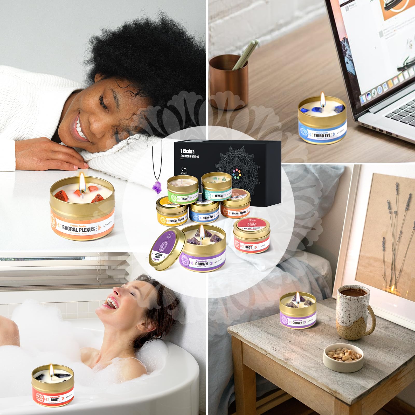 Soy wax candle with crystal accents and AOOVOO branding