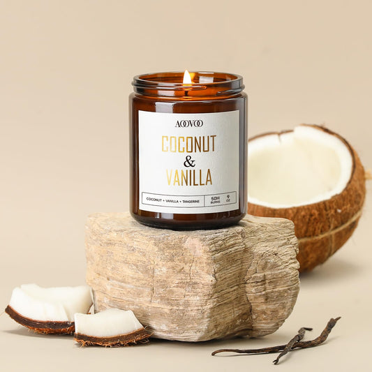 Close-up of AOOVOO Coconut Vanilla Candle label with gold text
