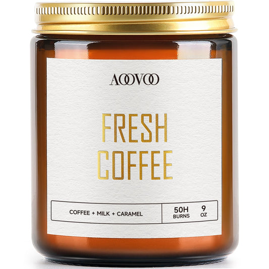 AOOVOO Fresh Coffee Candles 9oz jar with gold text