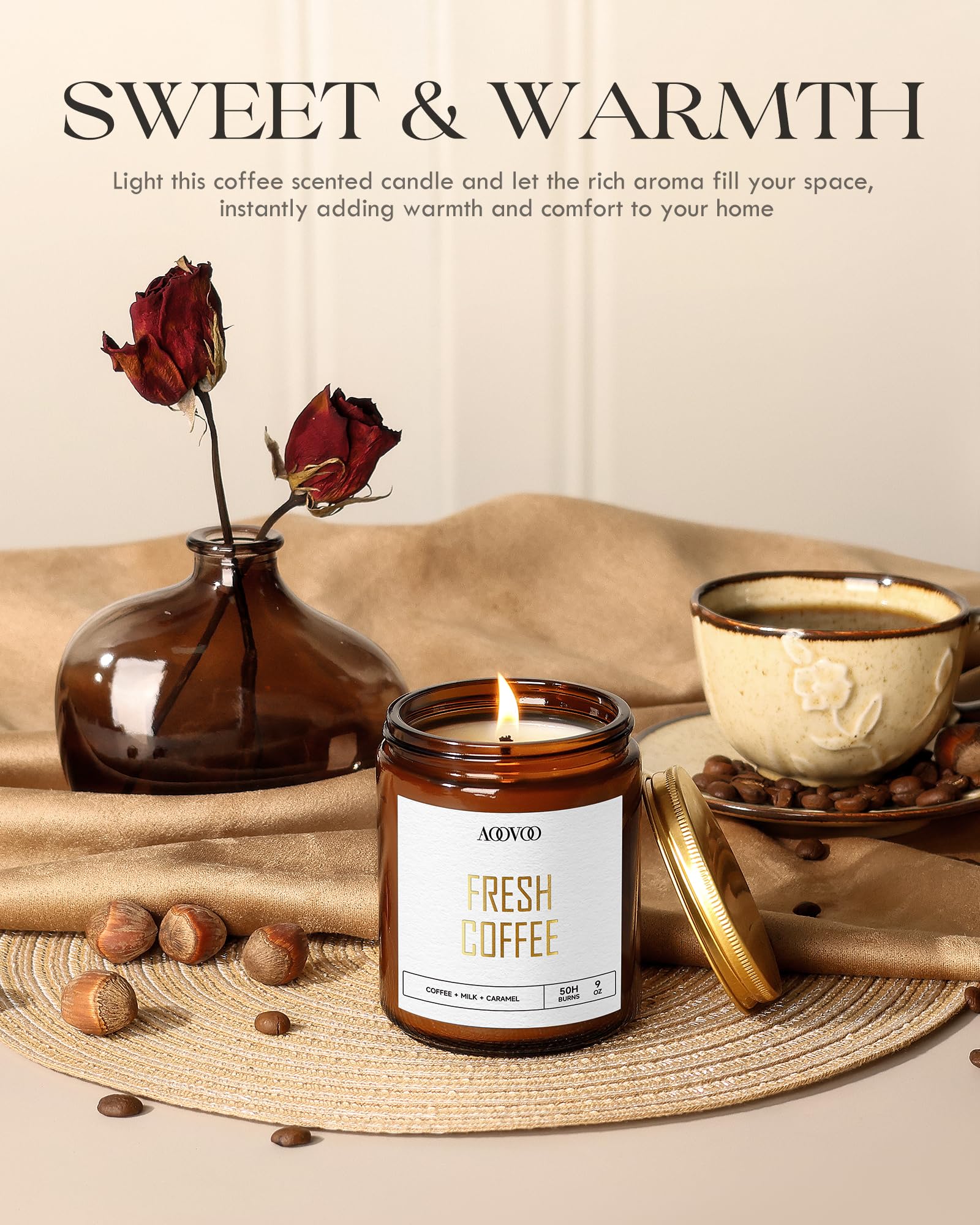 Close-up of caramel macchiato coffee candle label