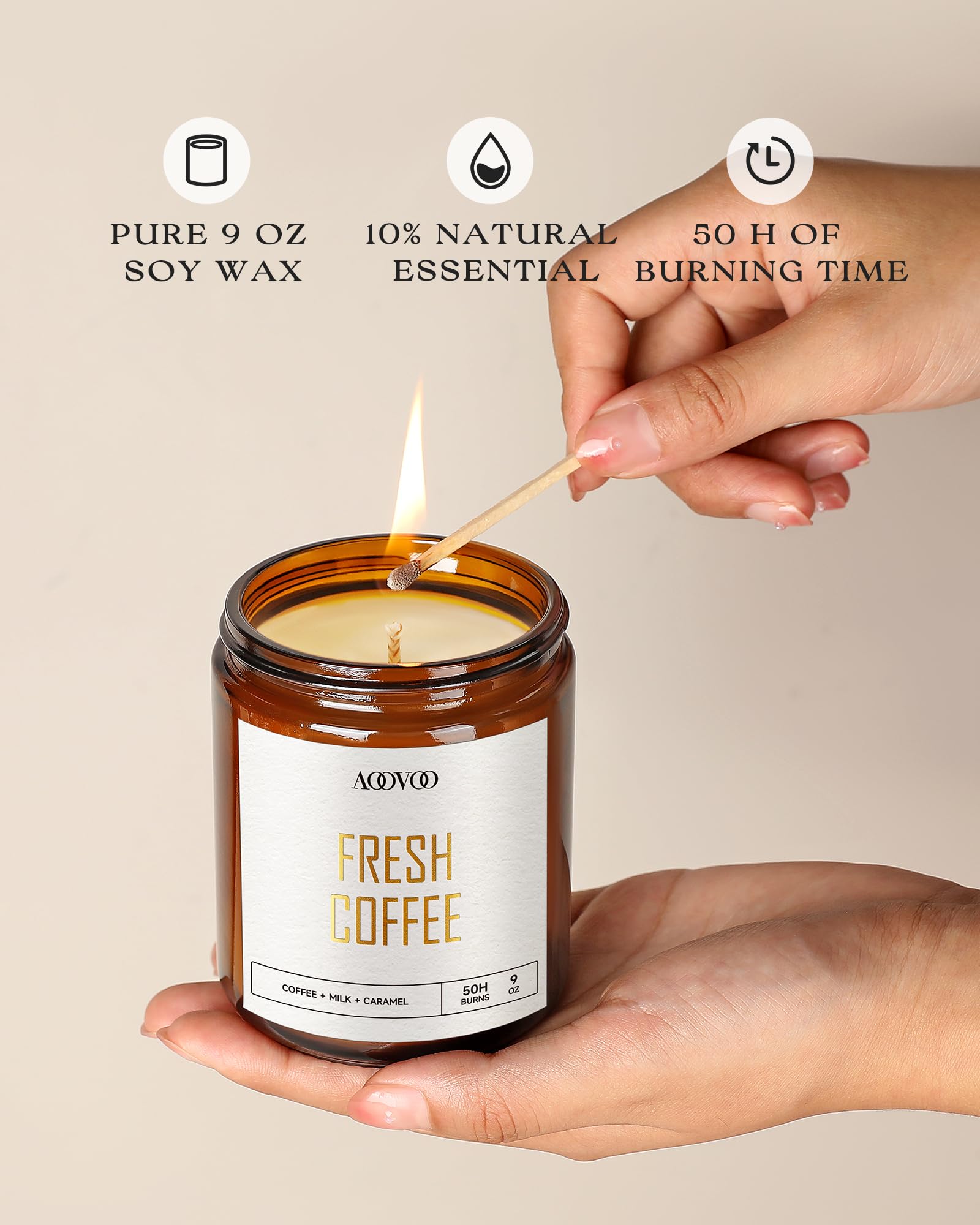 100% soy wax coffee candle burning with warm glow