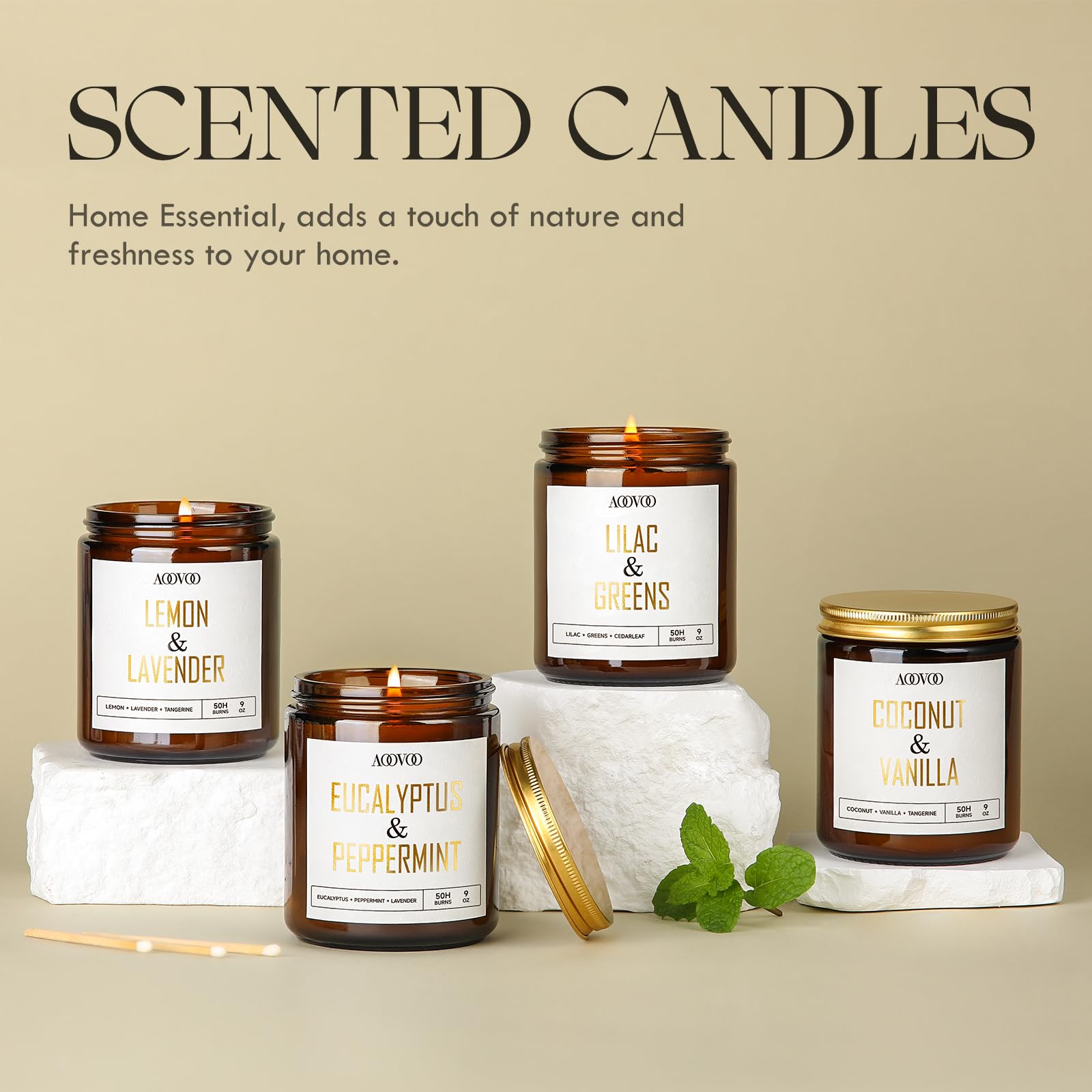 Gift-ready AOOVOO candle with gold lettering