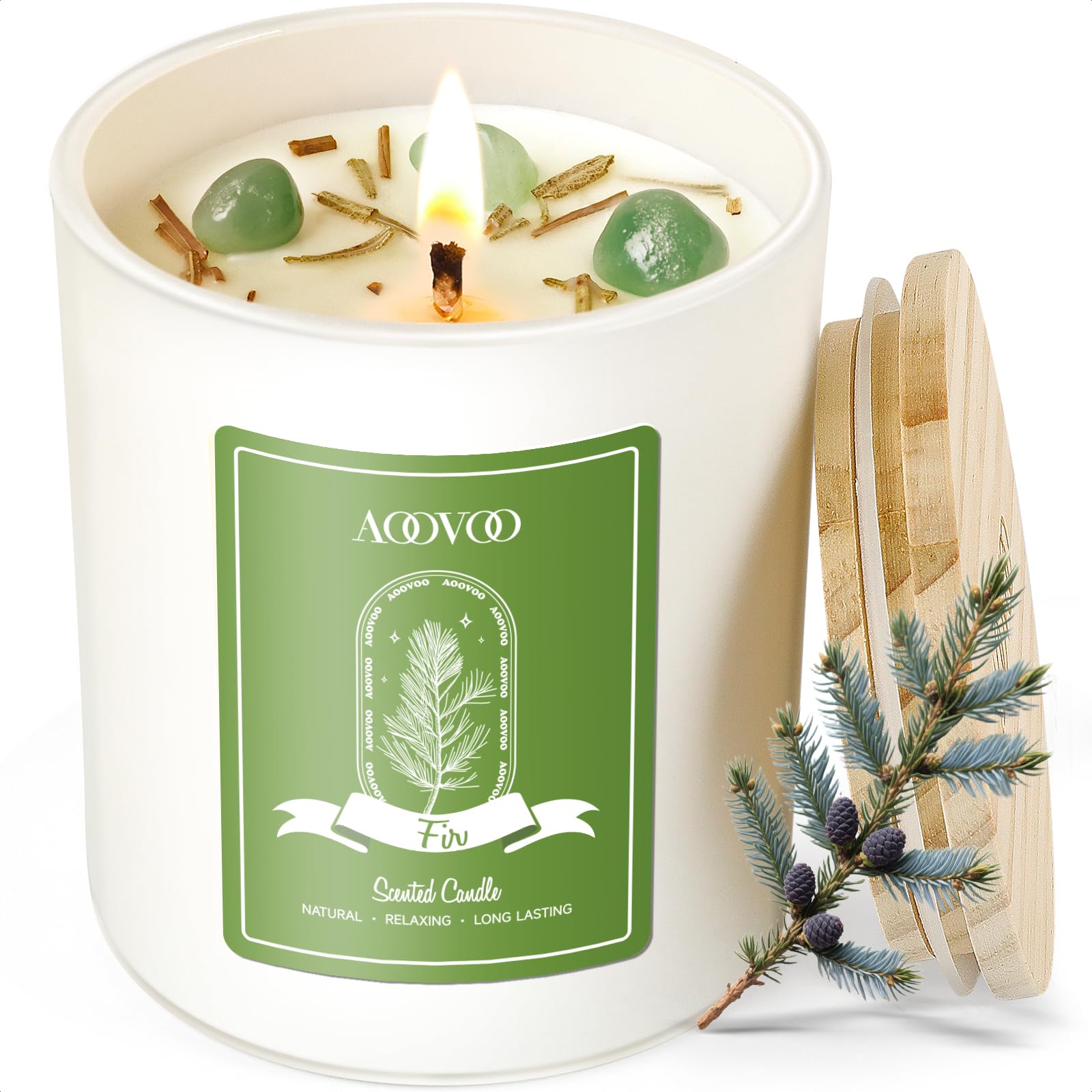 AOOVOO Fir Scented Candle 10oz in a frosted jar with wooden lid on holiday backdrop