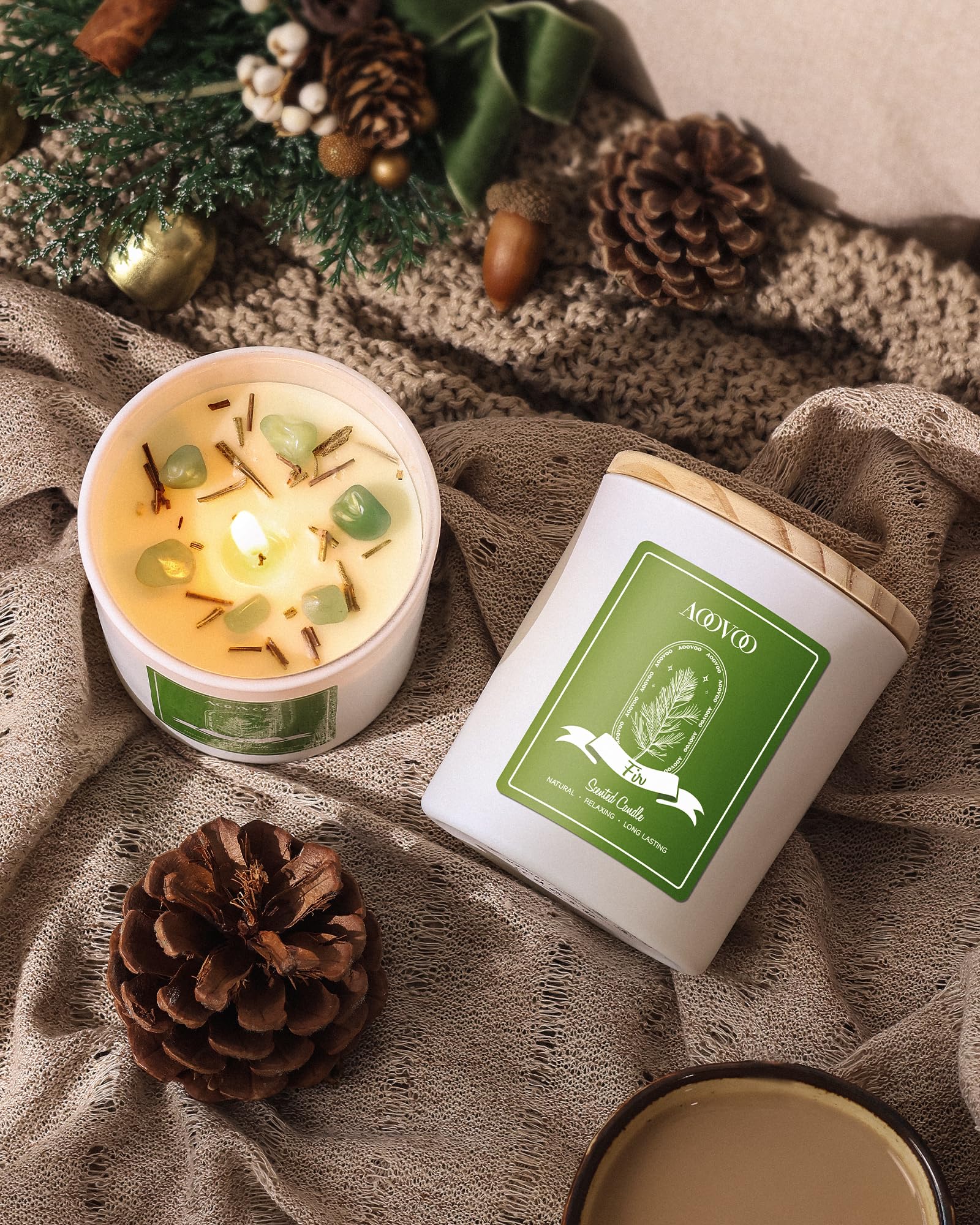 Close-up of fir scented candle wick with fragrant notes