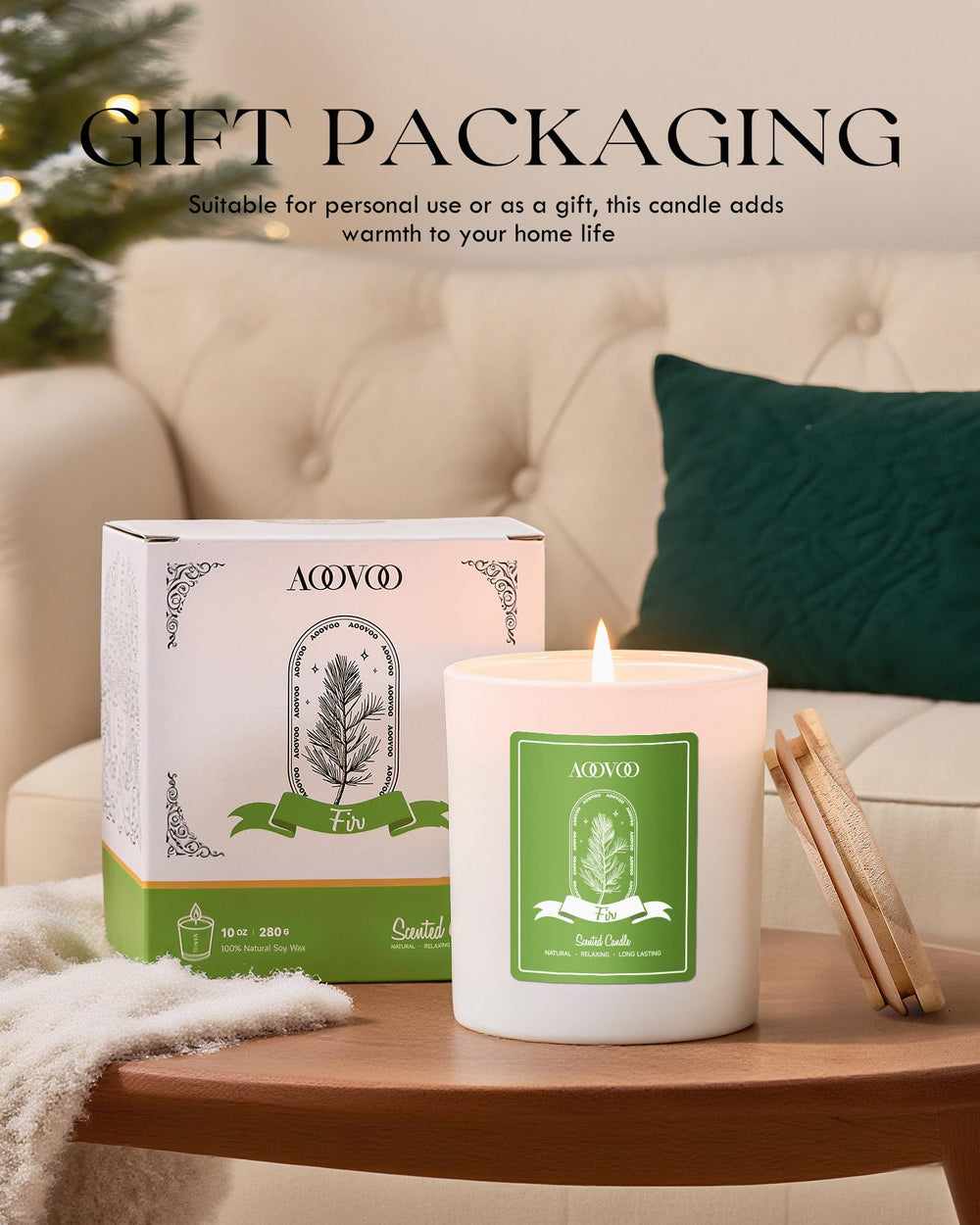 Cozy winter home scene featuring AOOVOO Fir Scented Candle