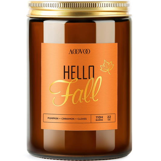 AOOVOO Hello Fall Candles 22oz jar on wooden surface