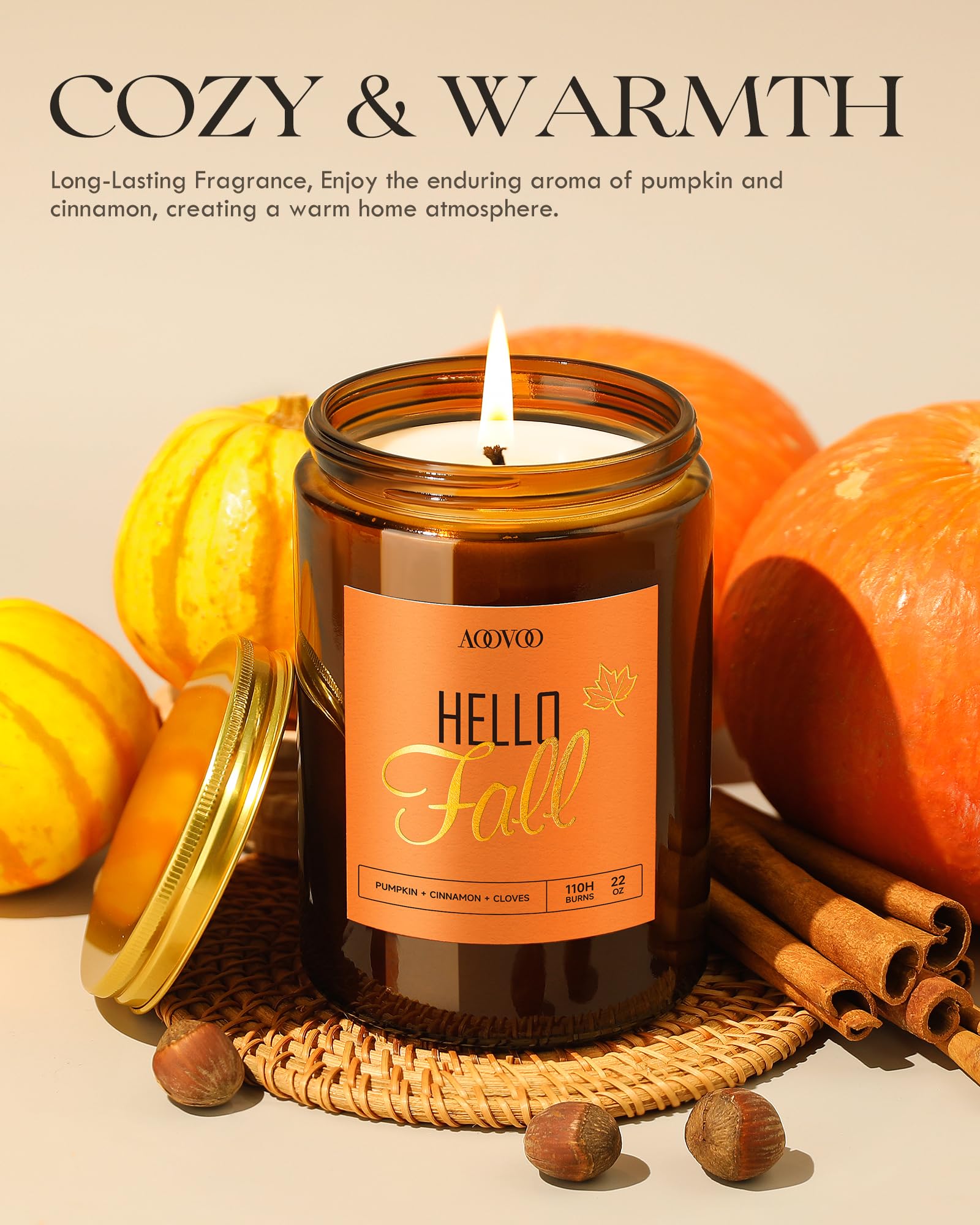 Close-up of Spiced Pumpkin Candle label with cinnamon and pumpkin notes