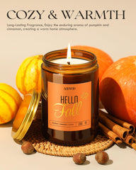 Close-up of Spiced Pumpkin Candle label with cinnamon and pumpkin notes