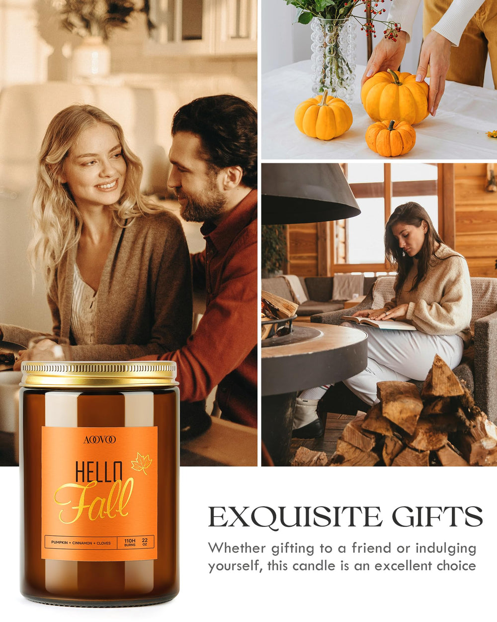 Lifestyle shot of multiple AOOVOO fall candles on a table
