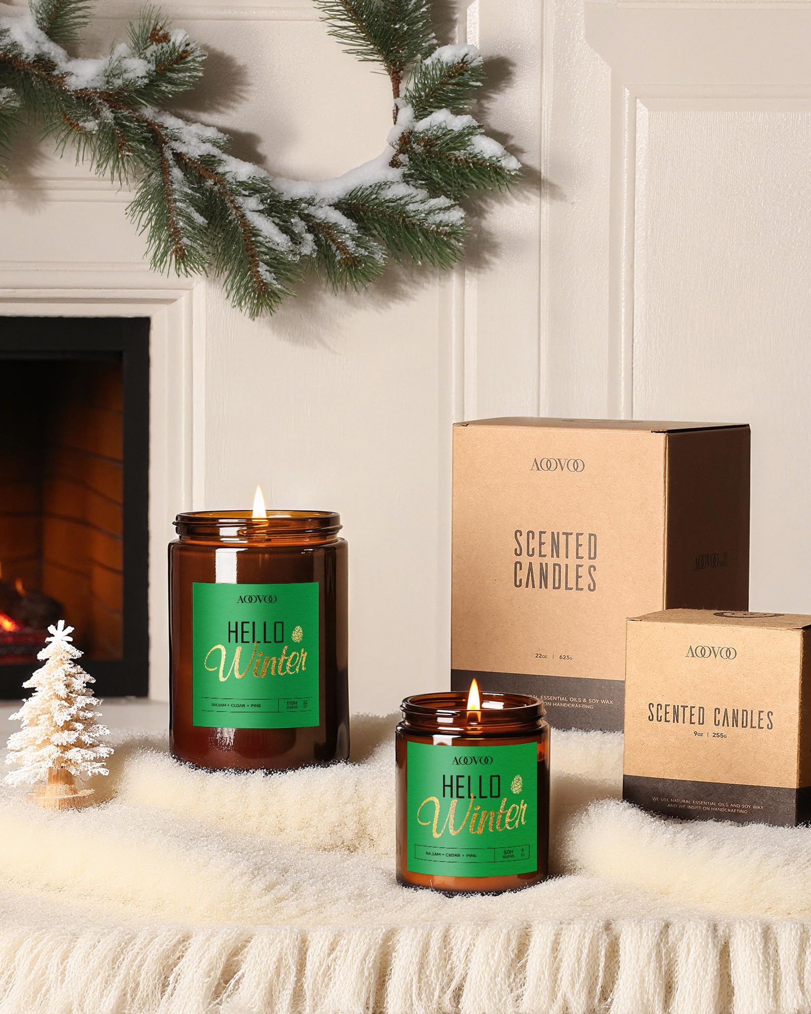 Close-up of candle label showing balsam cedar and sandalwood notes