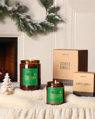 Close-up of candle label showing balsam cedar and sandalwood notes