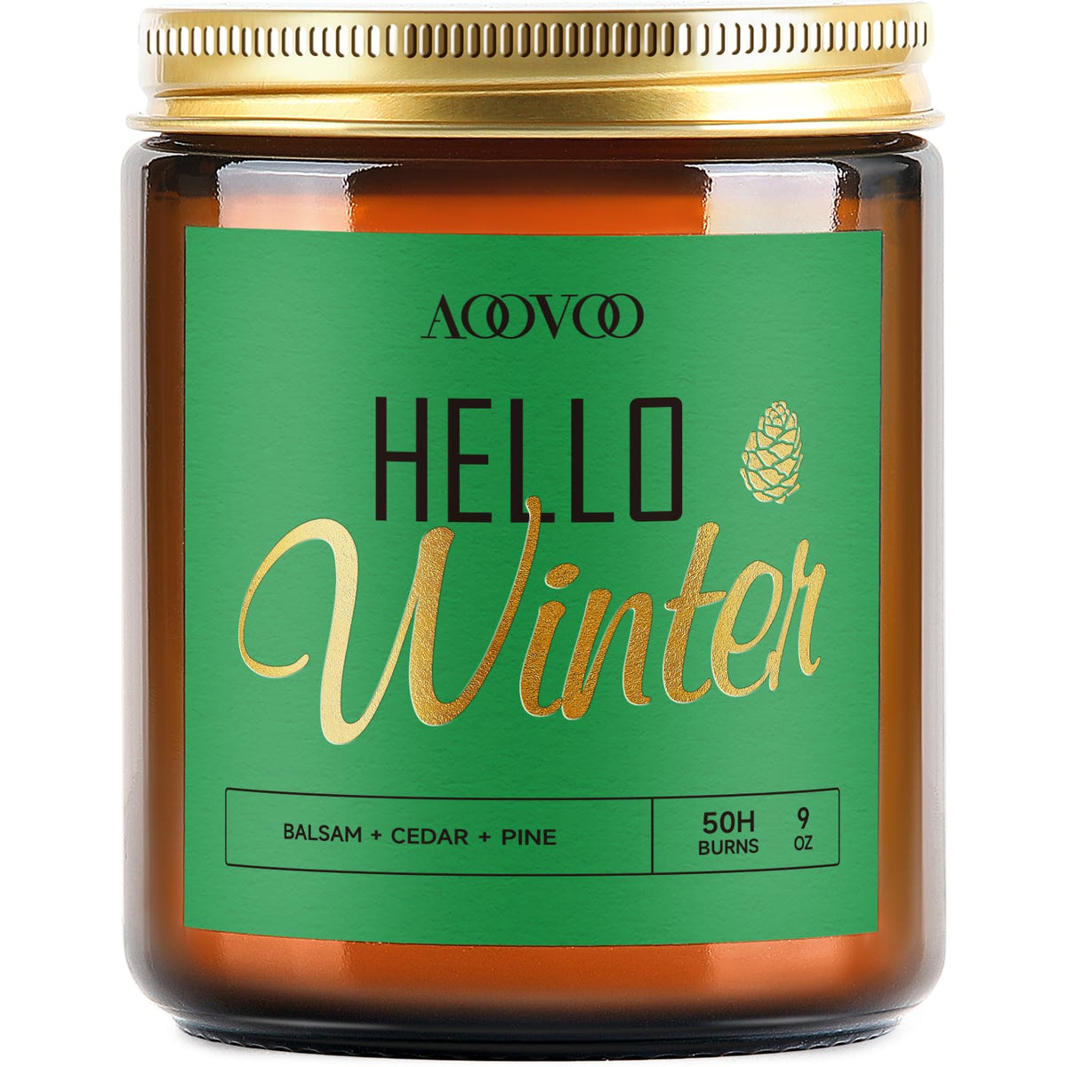 AOOVOO Hello Winter Candle 9oz Pine Scent - front label