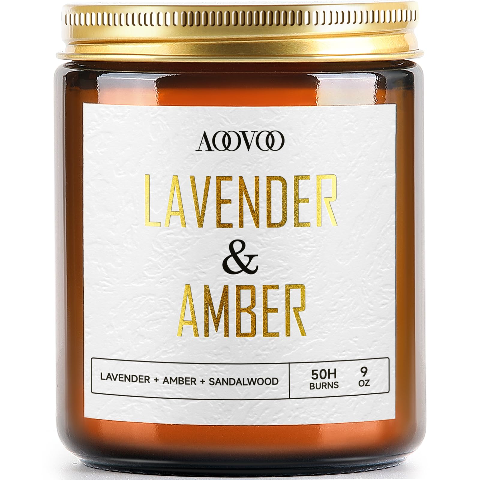 AOOVOO Lavender Amber 9 oz soy candle in a gold-text jar