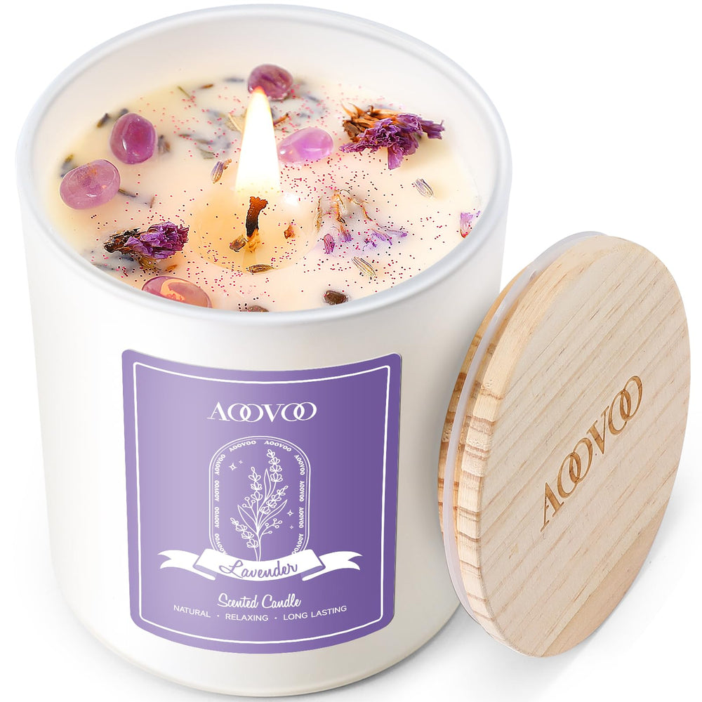 AOOVOO Lavender Scented Soy Candle with Crystals – front view