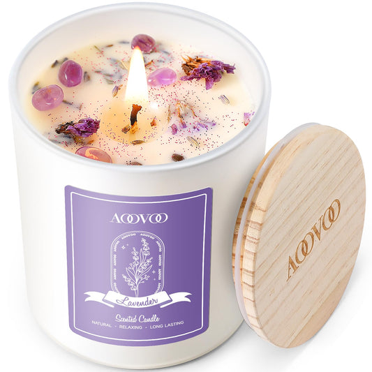 AOOVOO Lavender Scented Soy Candle with Crystals – front view