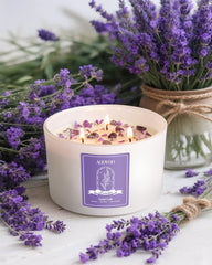 Close-up of amethyst crystals inside AOOVOO lavender candle