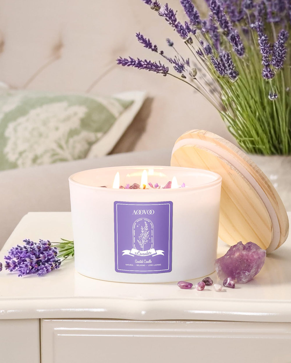Wooden lid and label on AOOVOO lavender candle