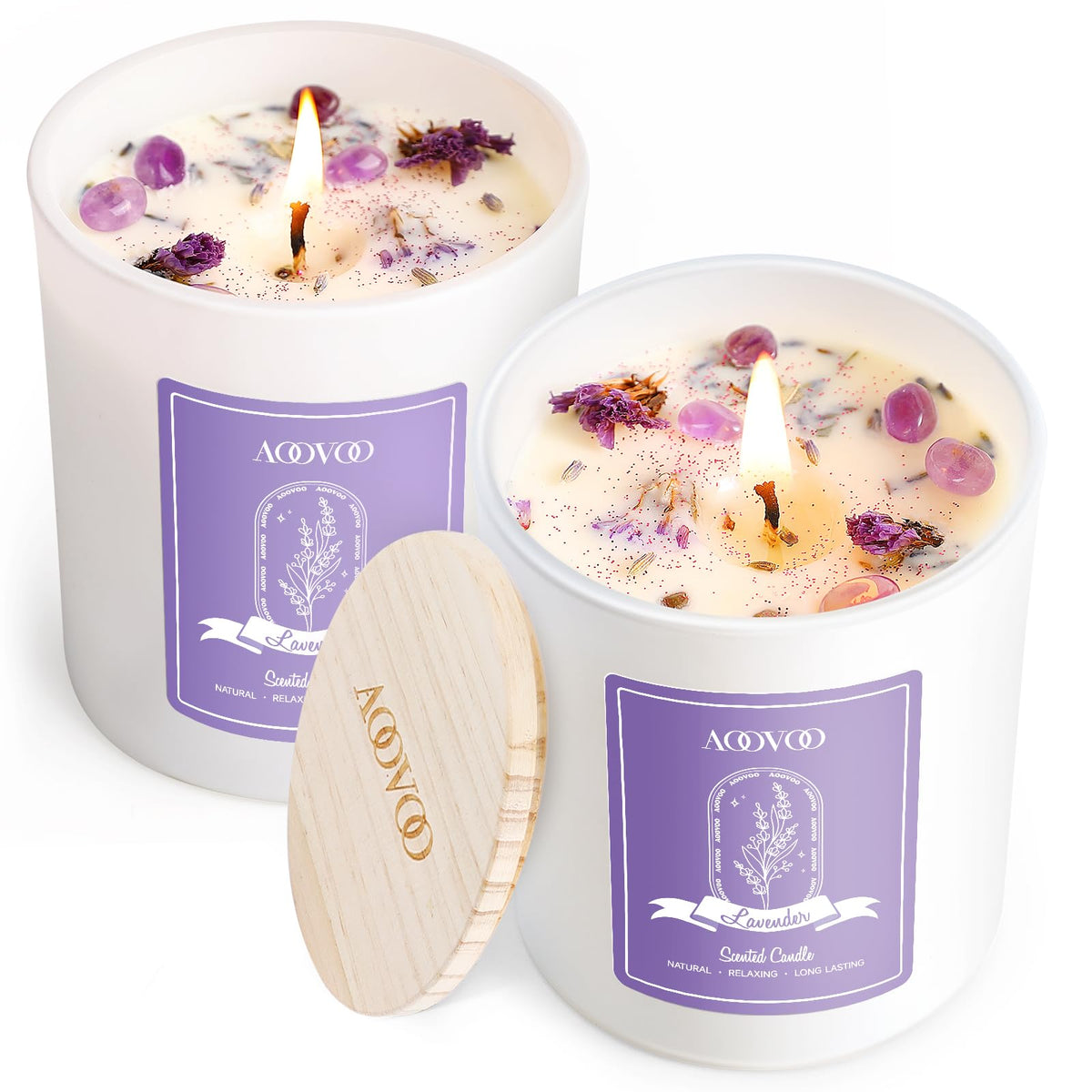 AOOVOO Lavender Scented Candle Set 2 Pack — 14oz soy candles with crystals inside