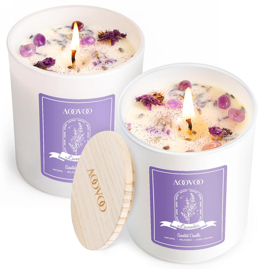AOOVOO Lavender Scented Candle Set 2 Pack — 14oz soy candles with crystals inside