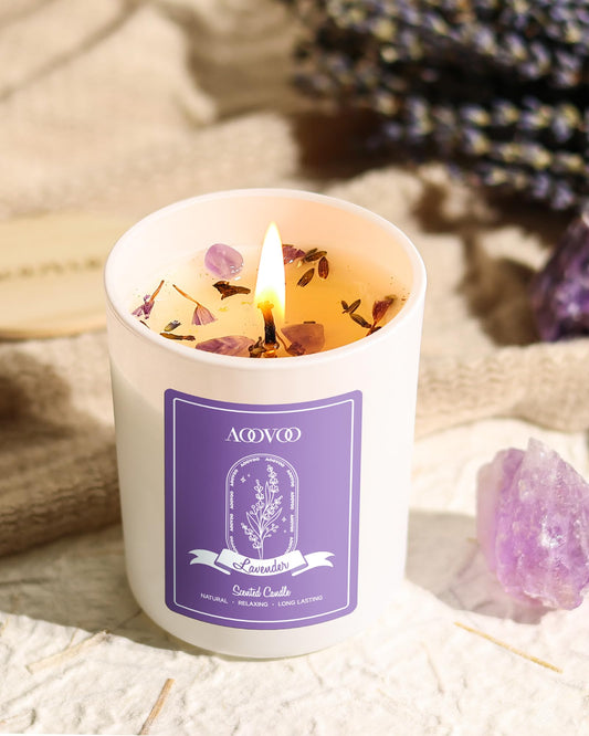 Close-up view of lavender scented candle in 14oz jar