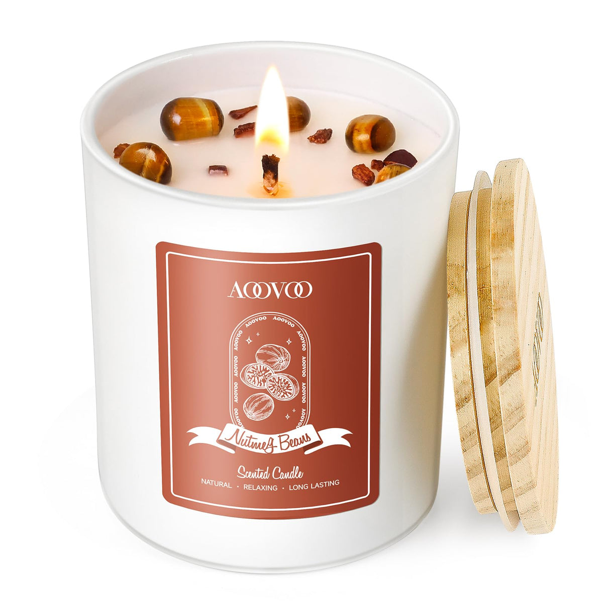 AOOVOO Nutmeg Beans candle with crystals inside (7oz) - front view