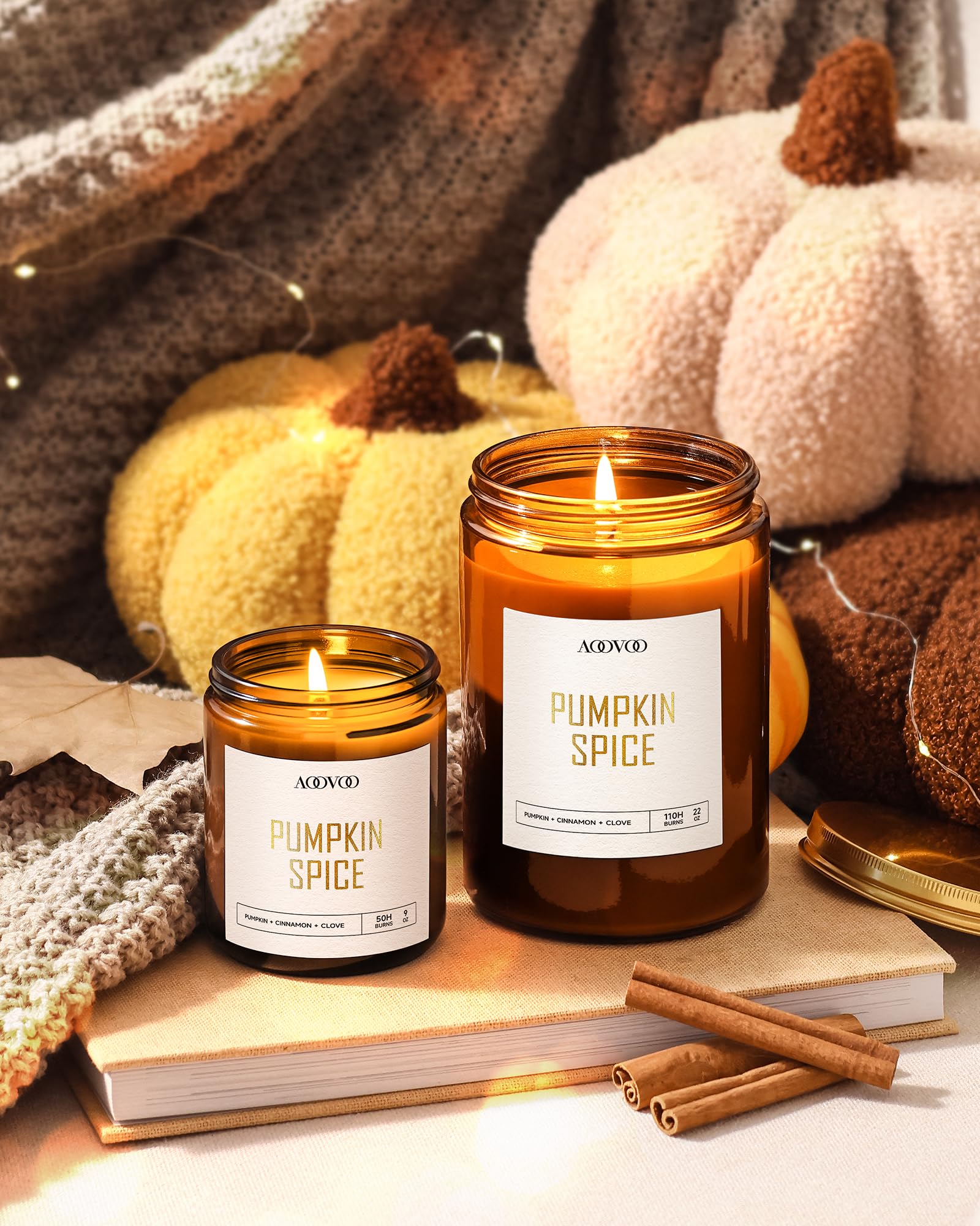 Close-up of AOOVOO Pumpkin Spice Candle label on jar