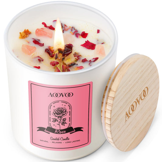 AOOVOO Rose scented candle 10oz with crystals inside
