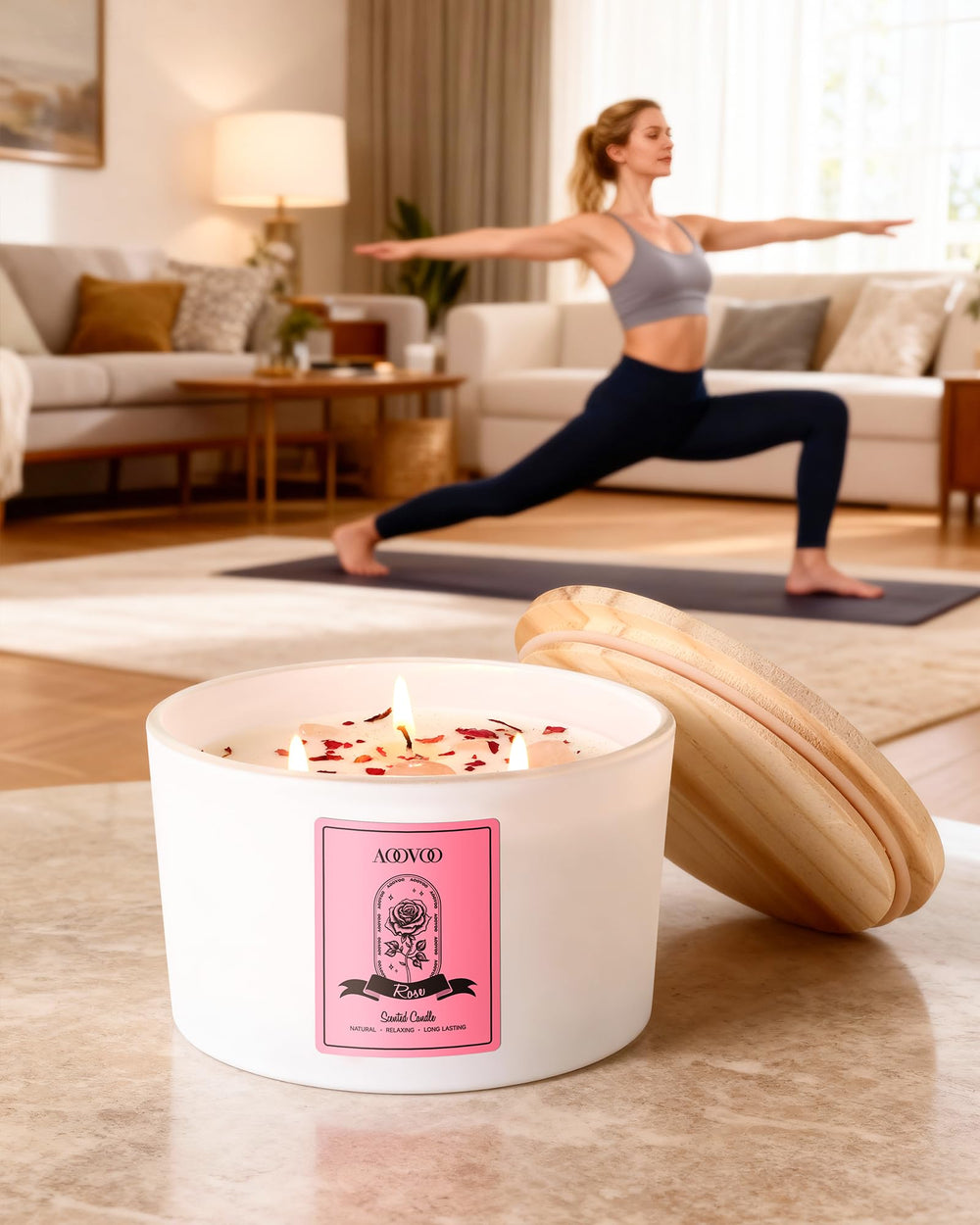 Candle label highlighting burn time and non-toxic soy wax