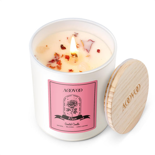 AOOVOO Rose Scented Candle 7oz with crystals and dried flowers