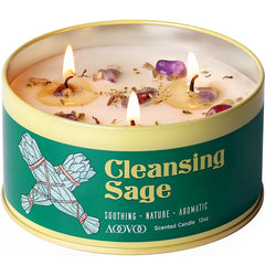 AOOVOO Sage Candle 3-Wick 12oz front view with crystals and sage leaves