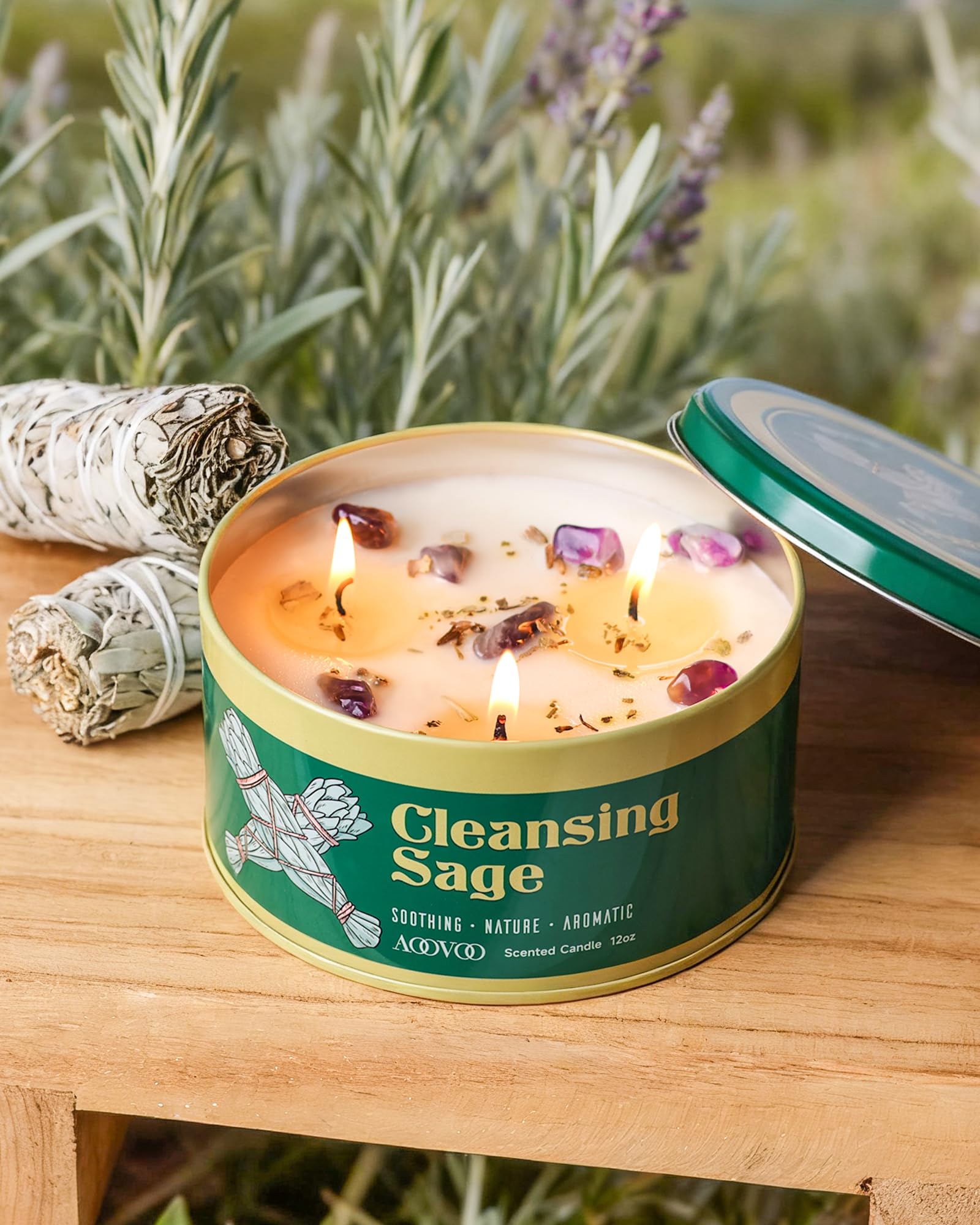 12oz AOOVOO Sage Candle burning to release long-lasting fragrance