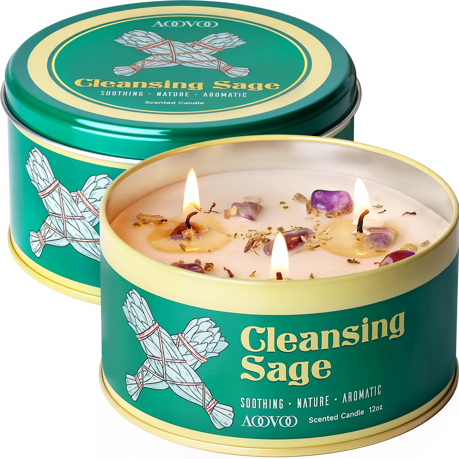 AOOVOO Sage Candle 3-Wick 24oz with crystals inside