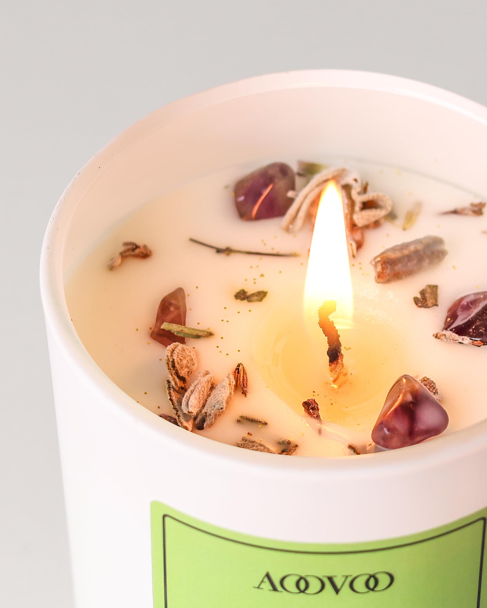 Close-up of 7oz soy candle with natural crystals