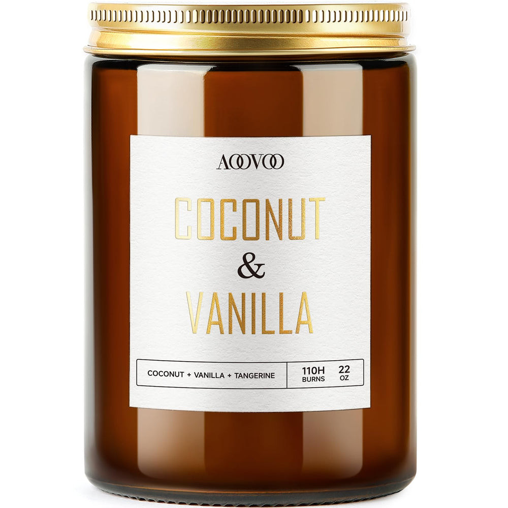 AOOVOO Vanilla Coconut Candle 22oz in clear glass jar with gold text