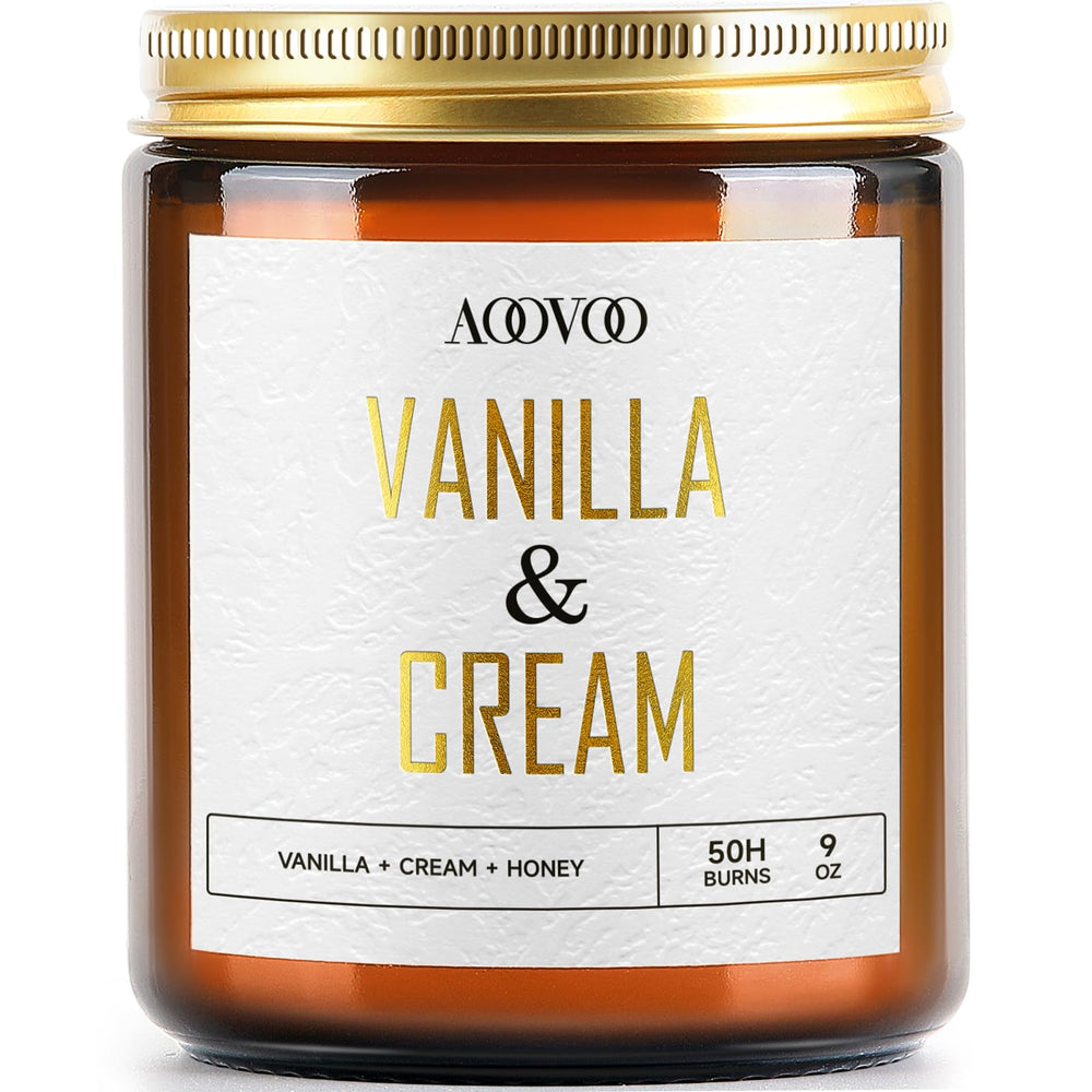 AOOVOO Vanilla Cream 9oz soy candle in glass jar with gold label