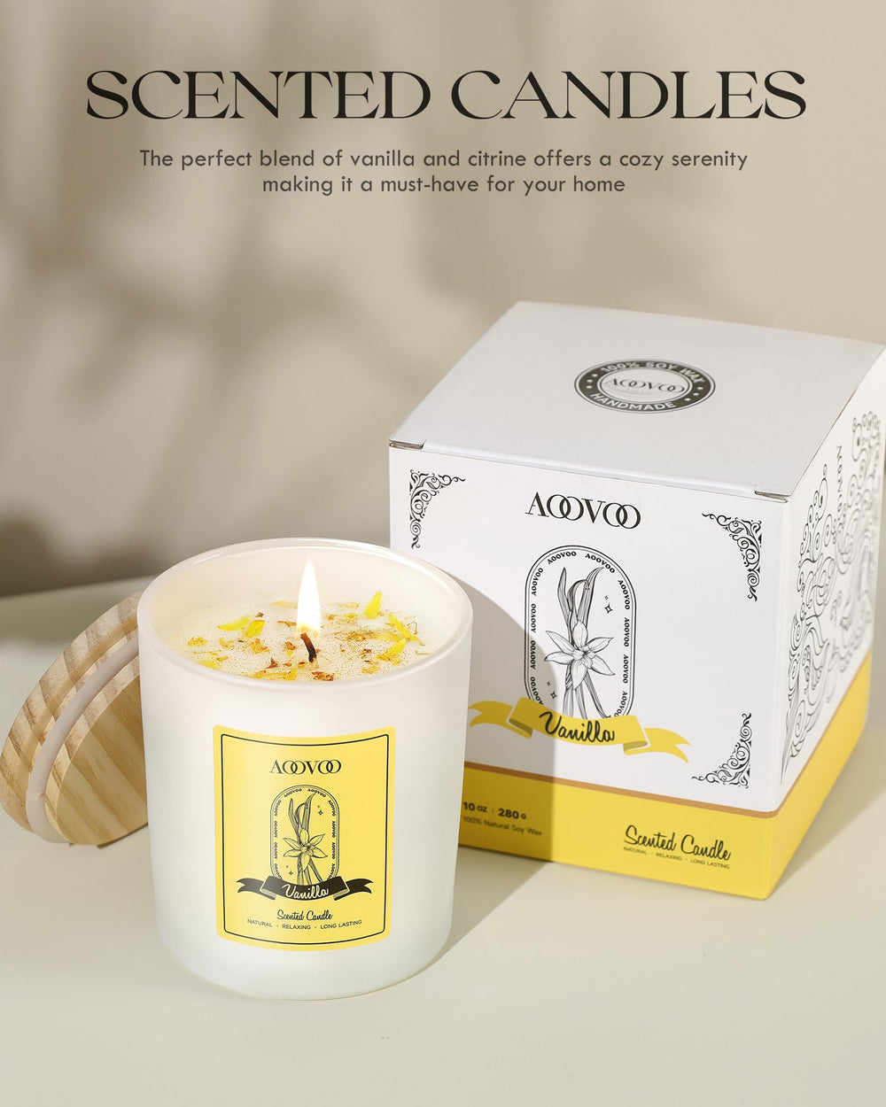 10oz AOOVOO vanilla candle in decorative gift box
