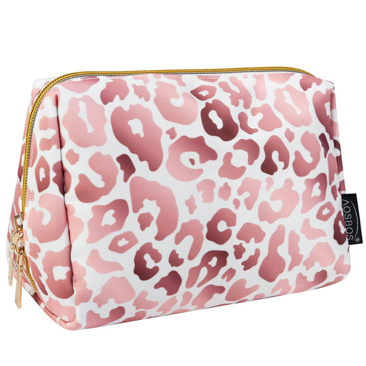 Aosbos pink leopard travel makeup pouch, front view, compact travel essential.