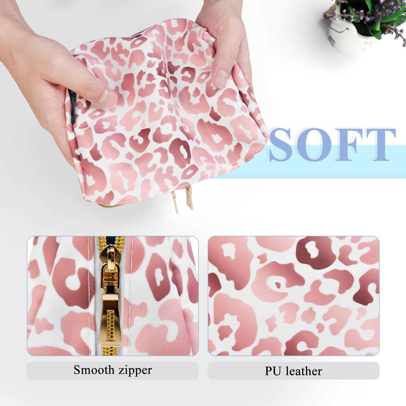 Aosbos pink leopard pouch held in hand, showing compact size.