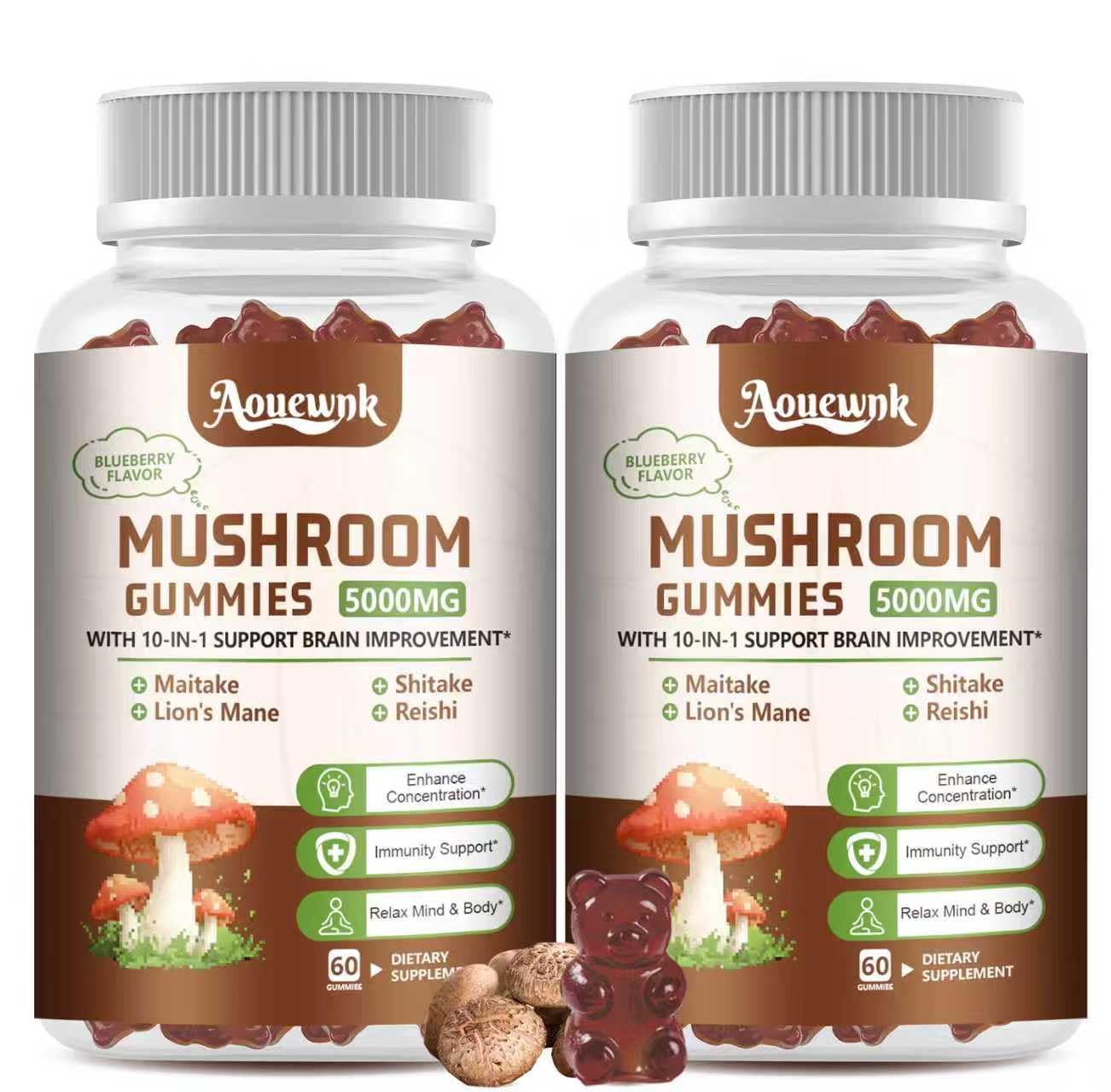 Aouewnk 2-Pack 5000MG Mushroom Gummies blueberry flavor bottle