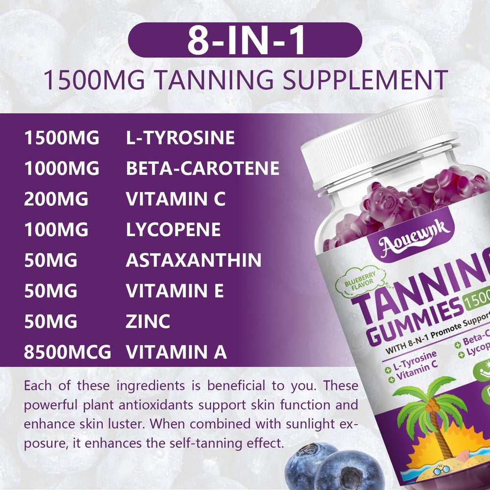 Flat lay of Aouewnk Tanning Gummies packaging