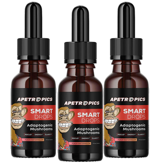 Apetropics Smart Drops 5-in-1 adaptogenic mushroom tincture Peach Watermelon flavor, 30 servings, 3-pack