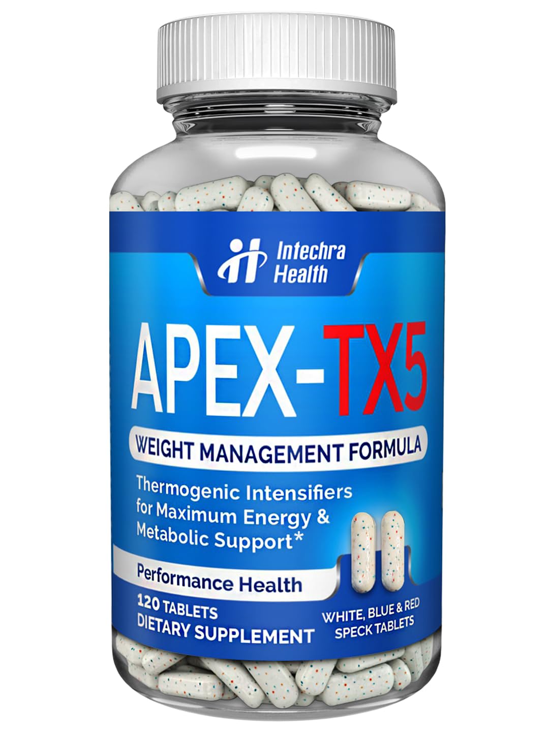 APEX-TX5 bottle label close-up - white, blue, red speck tablets