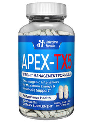 APEX-TX5 bottle label close-up - white, blue, red speck tablets