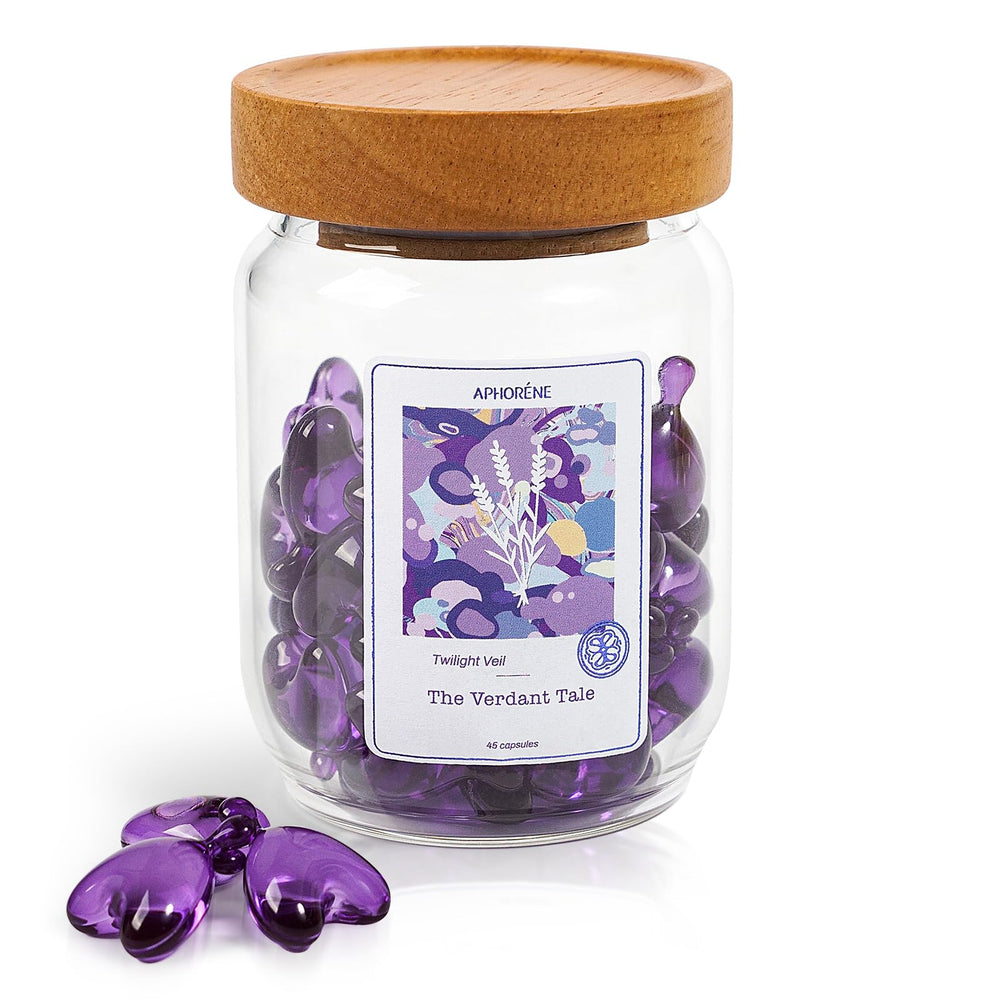 APHORENE Hair Repair Oil Capsules pack closeup with lavender formula for frizz control.
